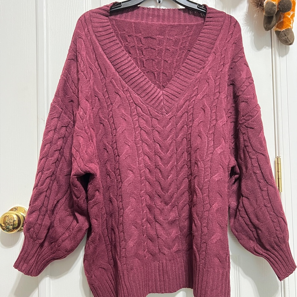 SHEIN Burgandy V-Neck Sweater Cozy Knit